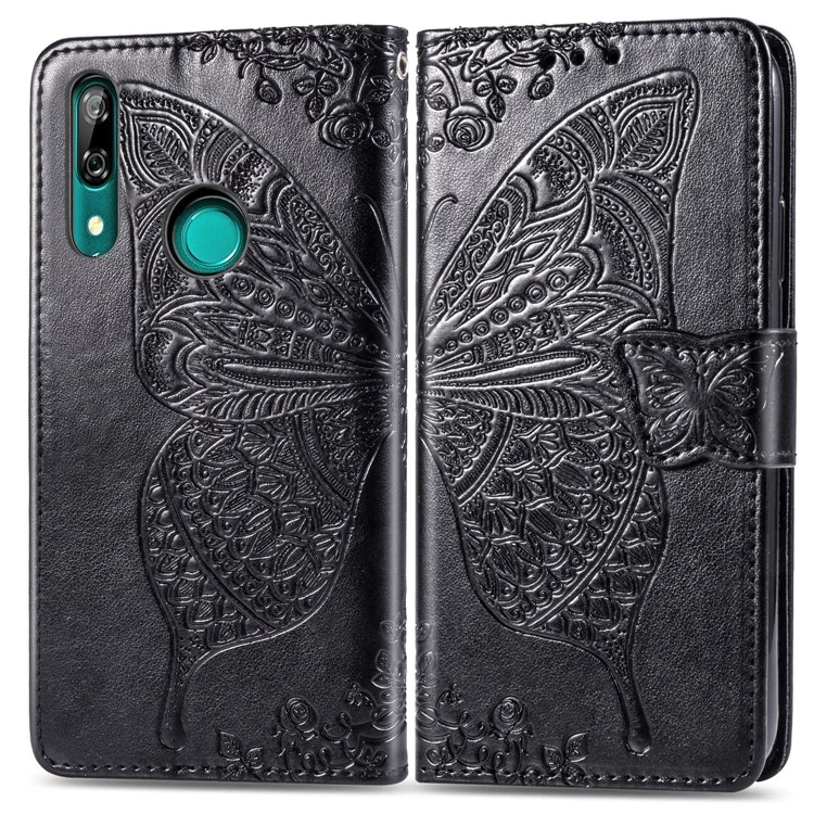 Estuche de billetera de cuero con estampado de mariposa floral para Huawei P Smart Z - Negro