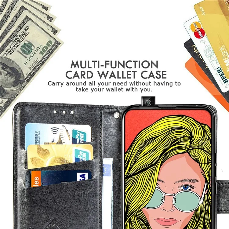 Estuche de billetera de cuero con estampado de mariposa floral para Huawei P Smart Z - Negro