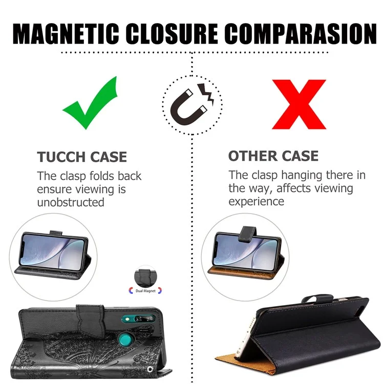 Estuche de billetera de cuero con estampado de mariposa floral para Huawei P Smart Z - Negro