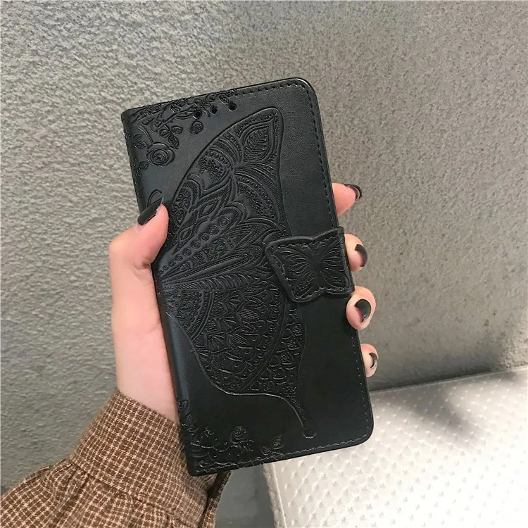 Estuche de billetera de cuero con estampado de mariposa floral para Huawei P Smart Z - Negro