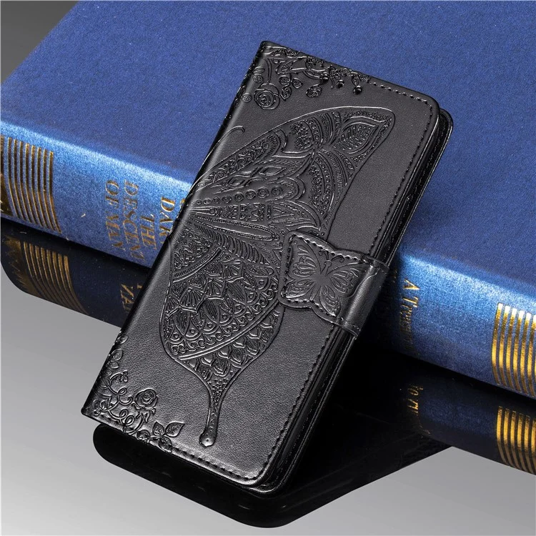 Estuche de billetera de cuero con estampado de mariposa floral para Huawei P Smart Z - Negro