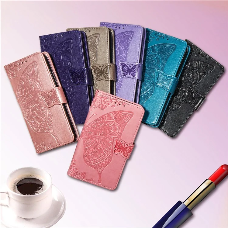 Estuche de billetera de cuero con estampado de mariposa floral para Huawei P Smart Z - Negro