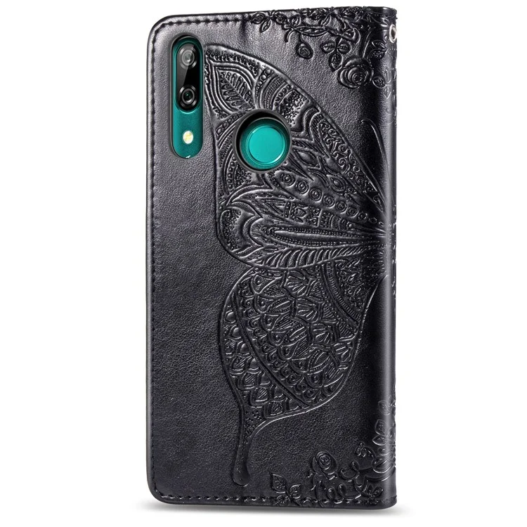 Estuche de billetera de cuero con estampado de mariposa floral para Huawei P Smart Z - Negro