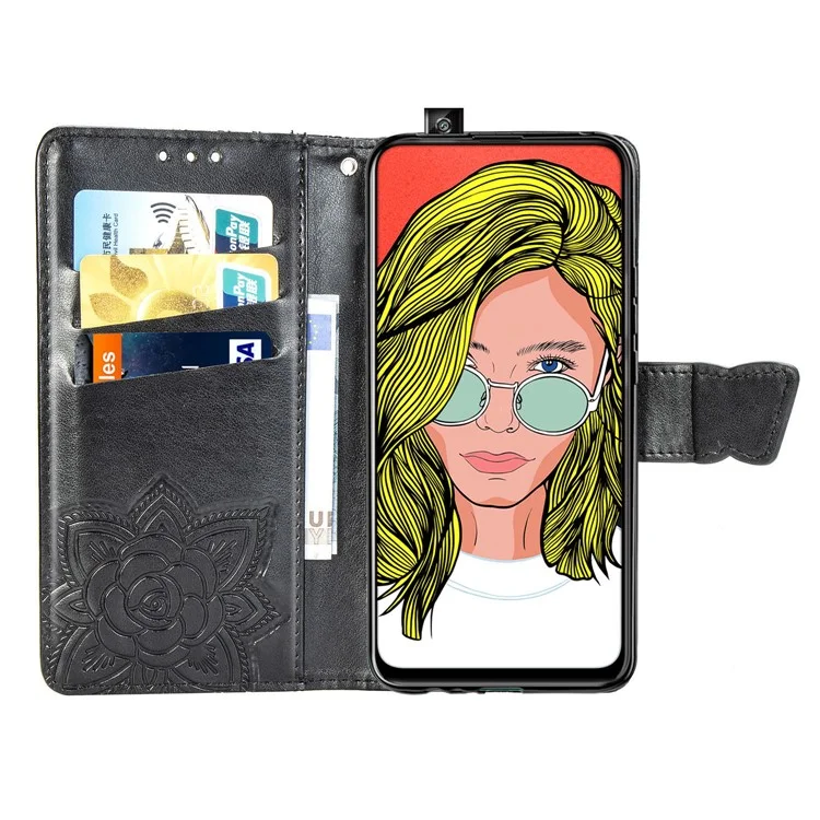 Estuche de billetera de cuero con estampado de mariposa floral para Huawei P Smart Z - Negro