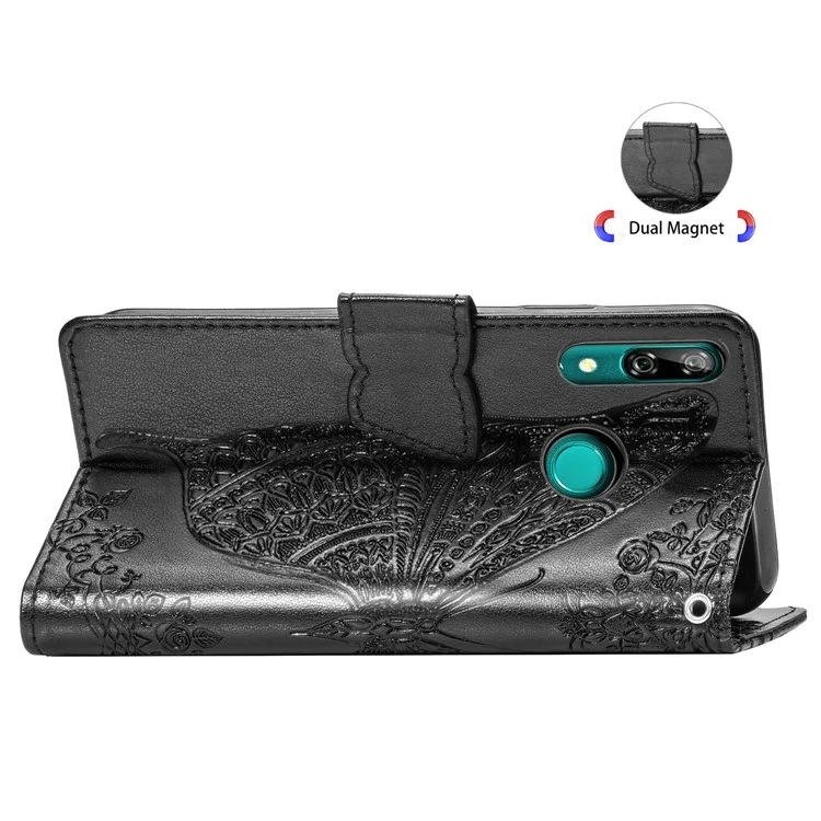 Estuche de billetera de cuero con estampado de mariposa floral para Huawei P Smart Z - Negro