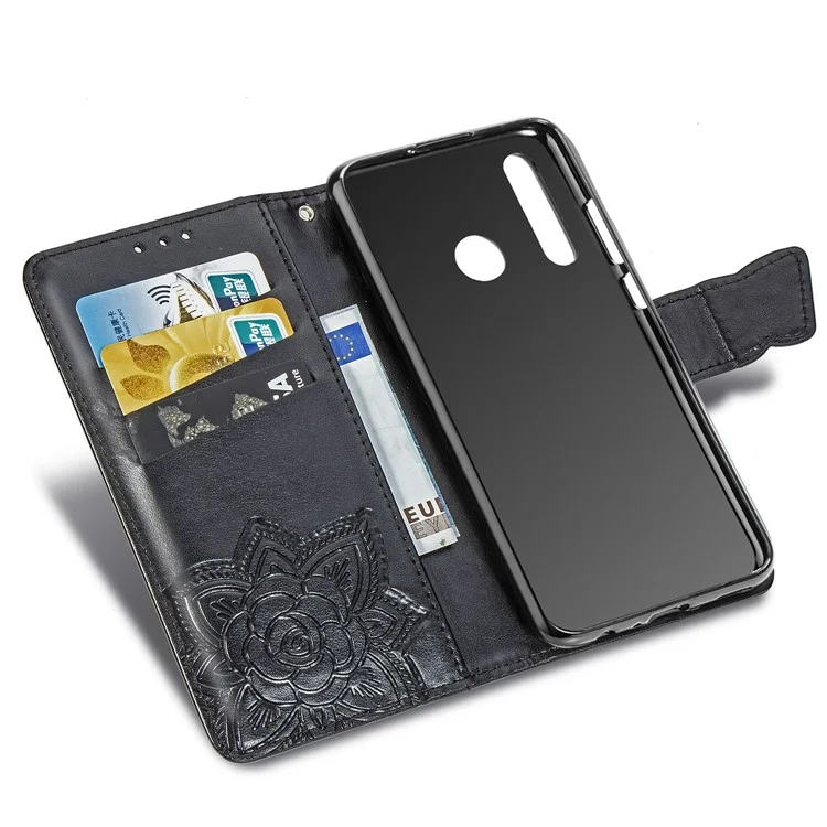 Estuche de billetera de cuero con estampado de mariposa floral para Huawei P Smart Z - Negro