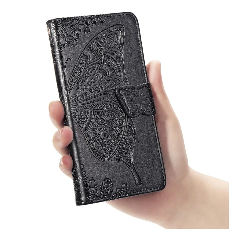 Estuche de billetera de cuero con estampado de mariposa floral para Huawei P Smart Z - Negro