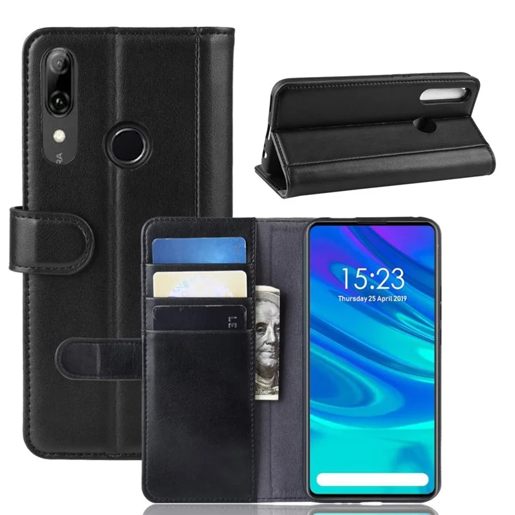 Genuine Split Leather Wallet Cover for Huawei Honor 9X (Global)/P Smart Z / Y9 Prime 2019 / nova 5i - Black