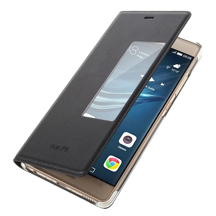 Wake / Sleep View Window Leather Protective Case for Huawei P9 - Black