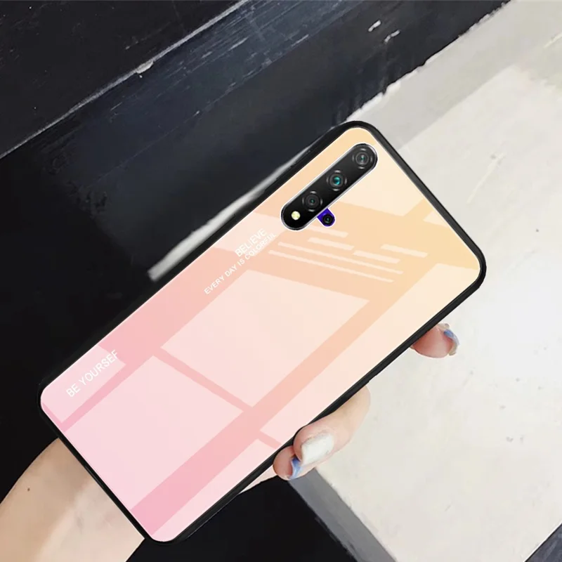 Gradient Color Glass + TPU Hybrid Case for Huawei Honor 20 / Honor 20s - Gold / Pink