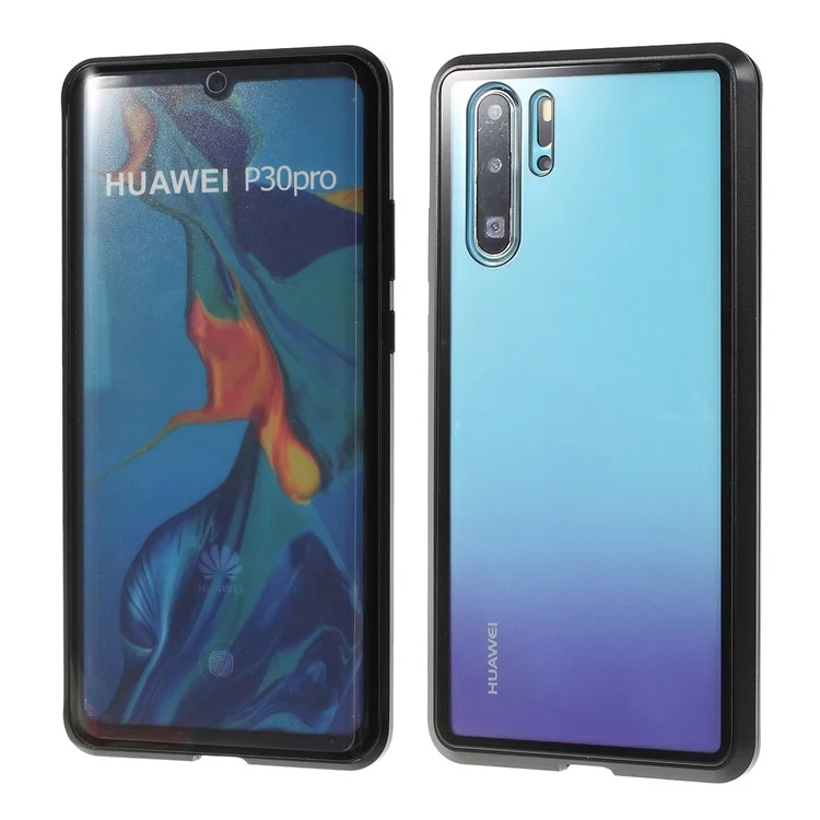 Shock-proof Magnetic Installation Metal Frame + Tempered Glass Alll-round Protective Phone Shell for Huawei P30 Pro - Black