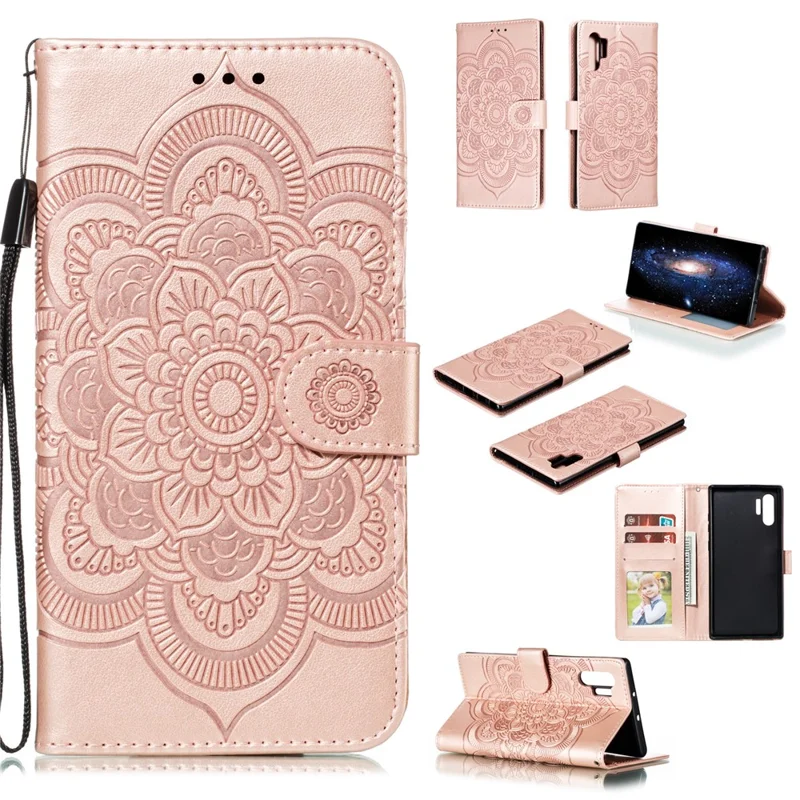 Imprint Mandala Flower Stand Wallet Leather Case Shell Cover per Samsung Galaxy Note 10 / Note 10 5G - Panda Plus / 10 Plus 5G - Rose Gold