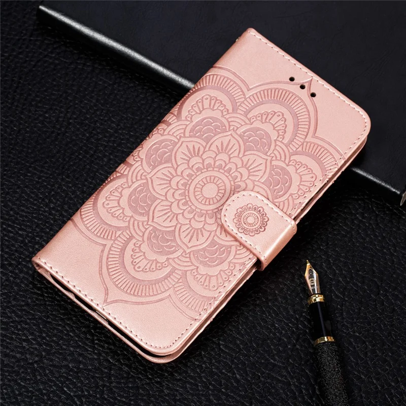 Imprint Mandala Flower Stand Wallet Leather Case Shell Cover per Samsung Galaxy Note 10 / Note 10 5G - Panda Plus / 10 Plus 5G - Rose Gold