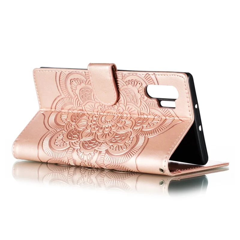 Imprint Mandala Flower Stand Wallet Leather Case Shell Cover per Samsung Galaxy Note 10 / Note 10 5G - Panda Plus / 10 Plus 5G - Rose Gold