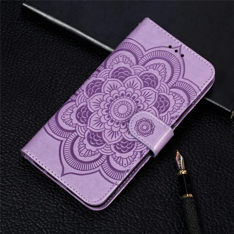 Imprint Mandala Flower Stand Wallet Leather Case Shell Cover for Samsung Galaxy Note 10 / Note 10 5G - Panda Plus / 10 Plus 5G - Purple