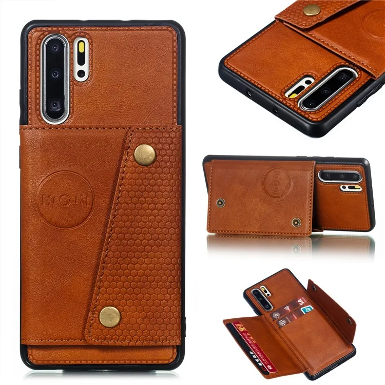 Kickstand Card Holder PU Leather Coated TPU Case [Built-in Vehicle Magnetic Sheet] for Huawei P30 Pro - Brown