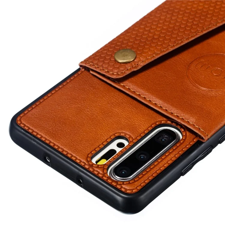 Kickstand Card Holder PU Leather Coated TPU Case [Built-in Vehicle Magnetic Sheet] for Huawei P30 Pro - Brown