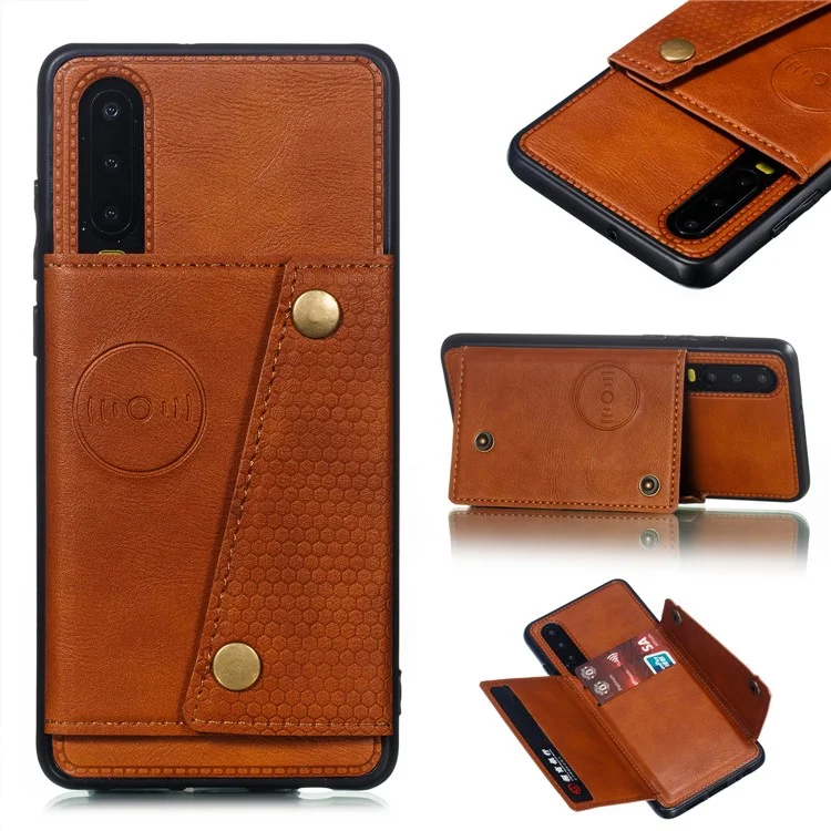 Soporte de tarjeta de pata de cabra Funda de cuero sintético TPU con hoja magnética integrada para vehículos [para Huawei P30 - Marrón]