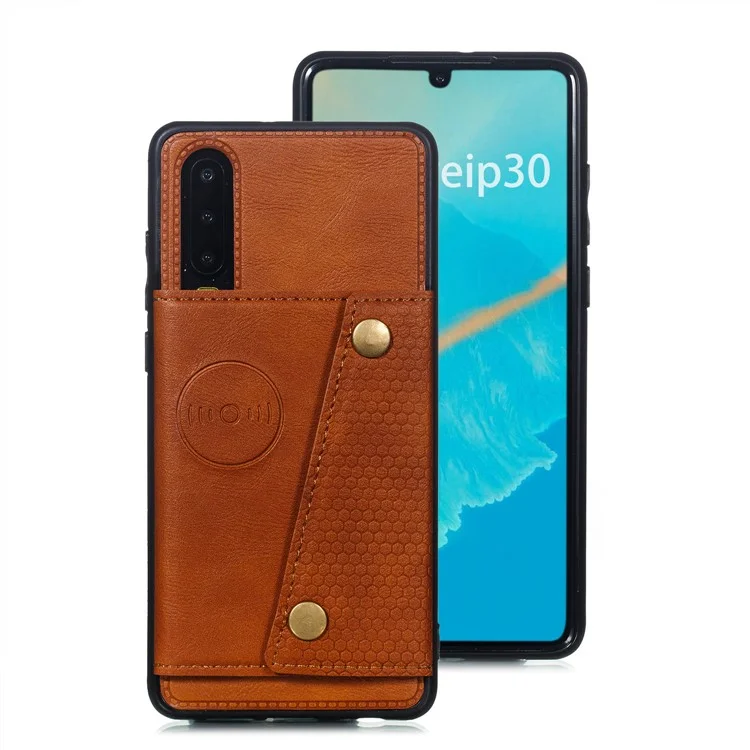 Soporte de tarjeta de pata de cabra Funda de cuero sintético TPU con hoja magnética integrada para vehículos [para Huawei P30 - Marrón]