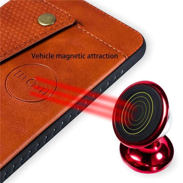 Soporte de tarjeta de pata de cabra Funda de cuero sintético TPU con hoja magnética integrada para vehículos [para Huawei P30 - Marrón]