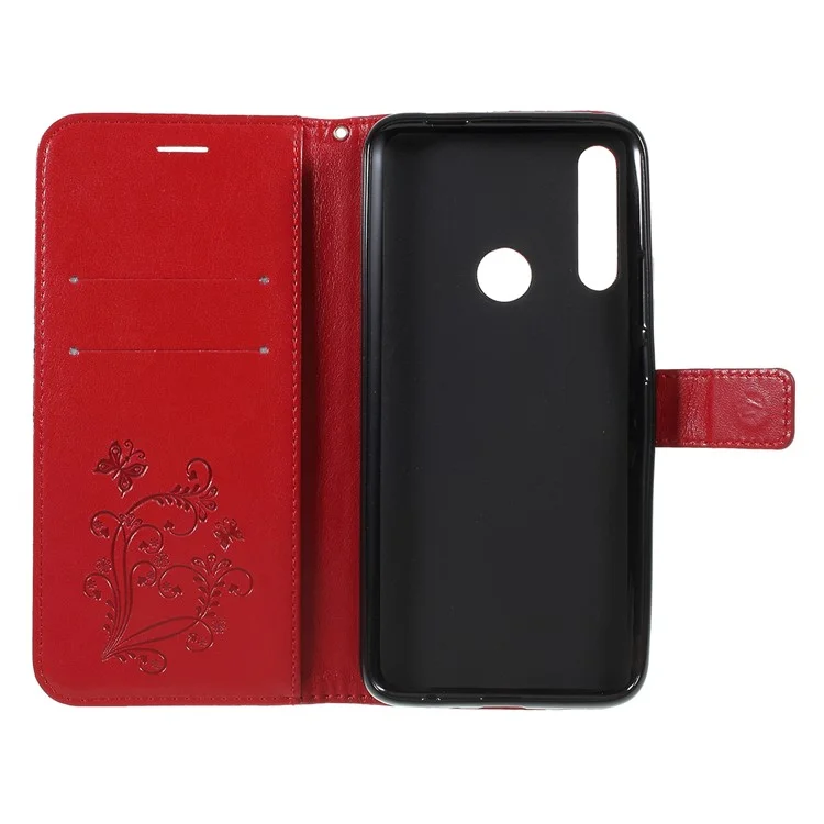 KT Imprinting Flower Series-2 Imprint Butterfly Wallet Leather Stand Phone Case for Huawei Honor 9X (Global)/ P Smart Z / Y9 Prime 2019 / Enjoy 10 Plus - Red