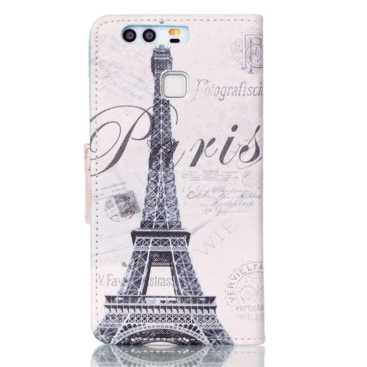 Cross Pattern Leather Wallet Case for Huawei P9 - Eiffel Tower