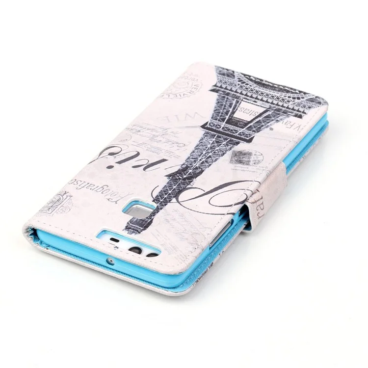 Cross Pattern Leather Wallet Case for Huawei P9 - Eiffel Tower