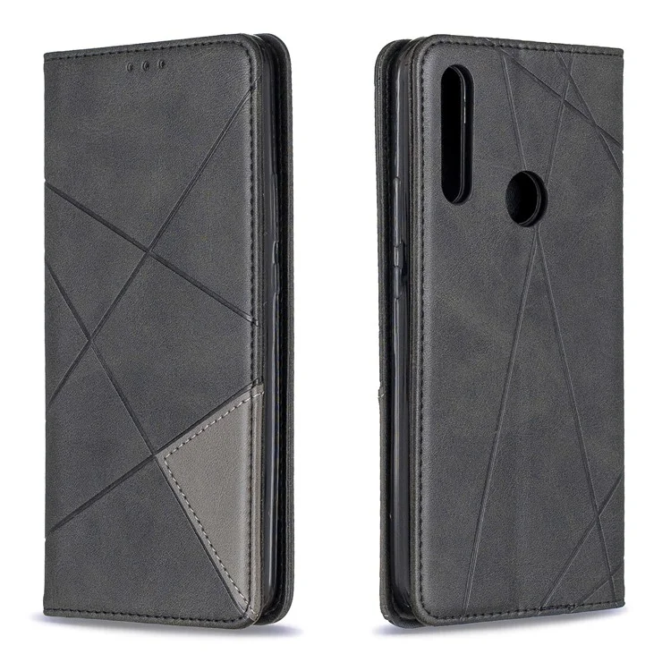 Caso de Proteção Contra Cartões de Couro de Padrão Geométrico Para Huawei Honor 9x (Global)/ P Smart z/ y9 Prime 2019 / Desfrute de 10 Mais - Preto