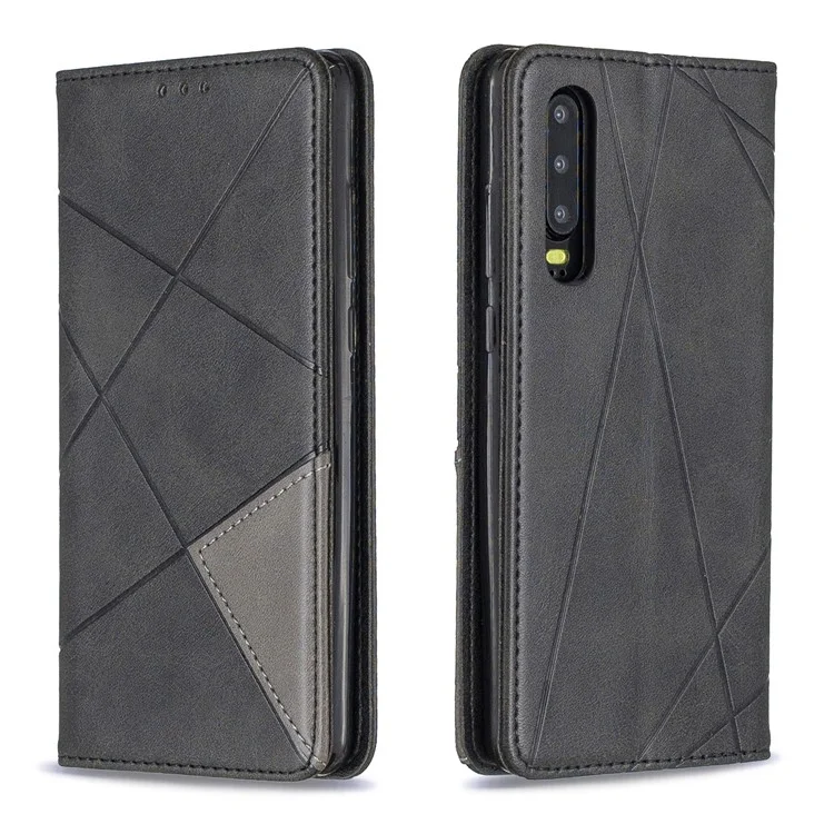 Geometric Pattern Leather Stand Phone Case with Card Holder for Huawei P30 - Black