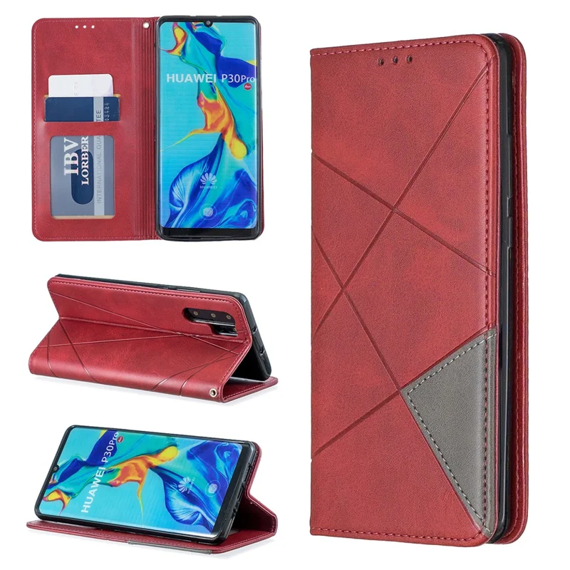 Geometric Pattern Leather Stand Phone Case with Card Holder for Huawei P30 Pro - Red