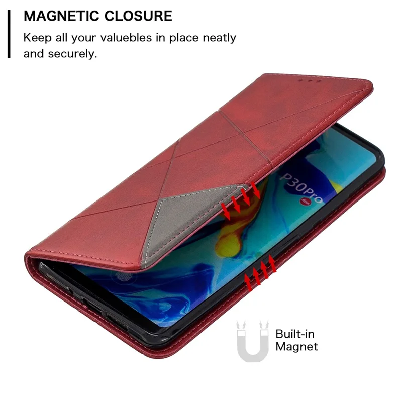 Geometric Pattern Leather Stand Phone Case with Card Holder for Huawei P30 Pro - Red