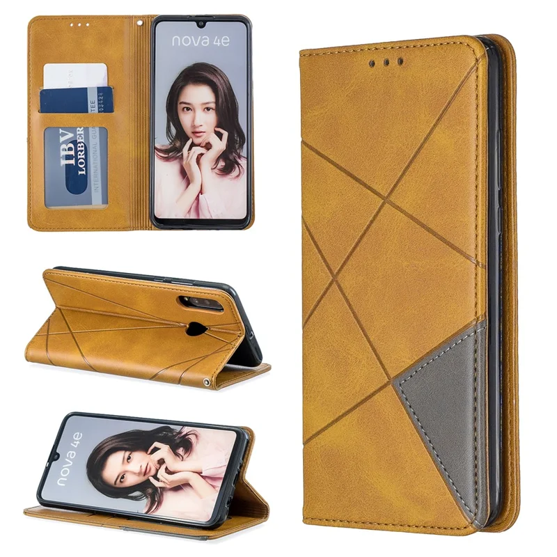 Geometric Pattern Leather Stand Phone Case with Card Holder for Huawei P30 Lite - Yellow