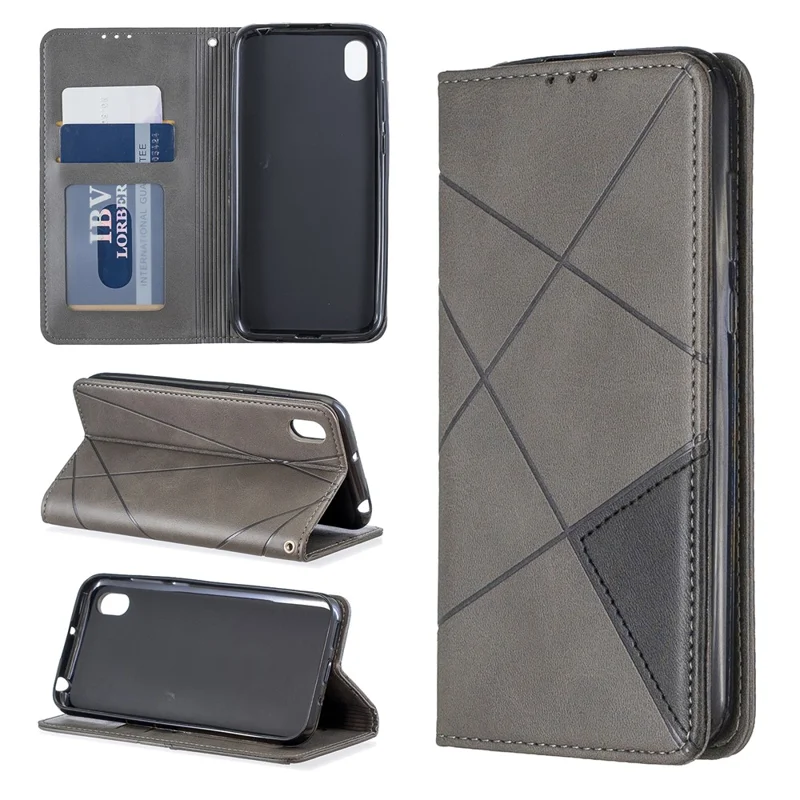 Geometric Pattern Leather Card Holder Case for Huawei Y5 (2019) / Honor 8S - Grey