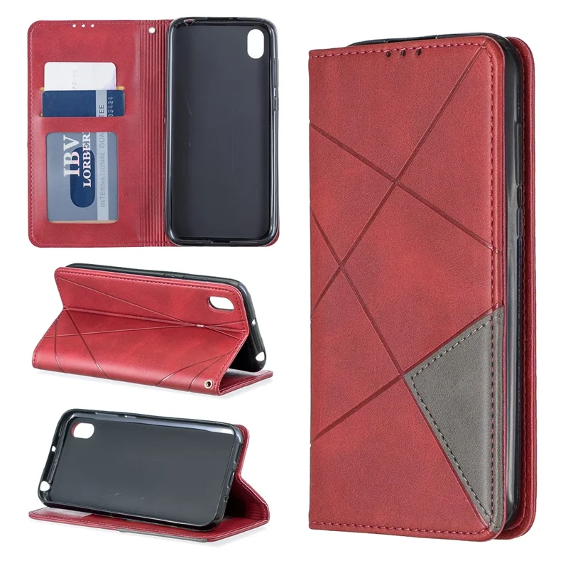 Geometric Pattern Leather Card Holder Case for Huawei Y5 (2019) / Honor 8S - Red
