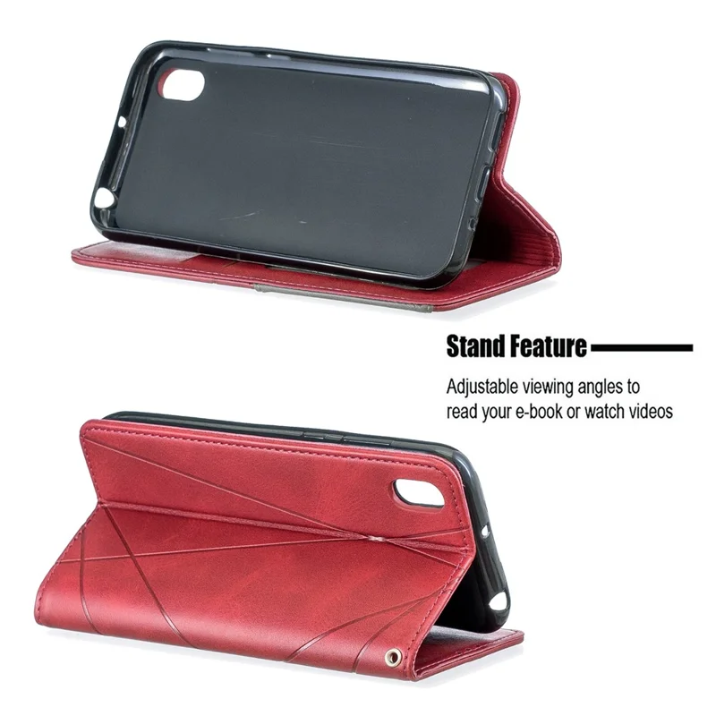 Geometric Pattern Leather Card Holder Case for Huawei Y5 (2019) / Honor 8S - Red