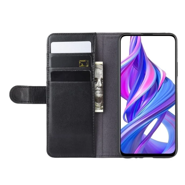 Capa de Celular de Carteira de Couro Dividida Genuína Para Huawei Honor 9x (para a China) / 9x Pro - Preto