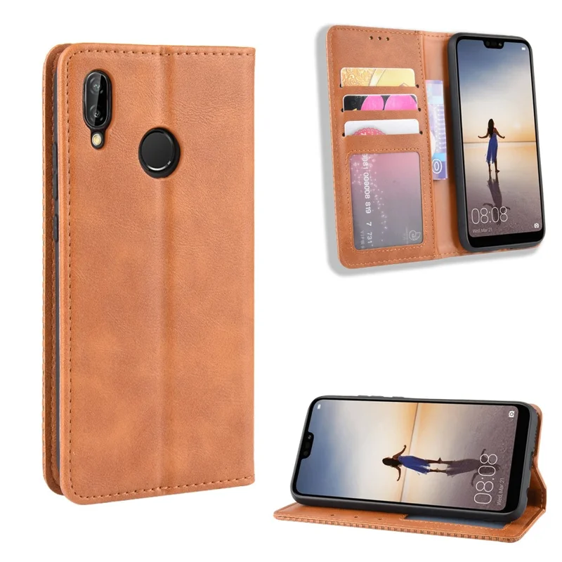 Vintage Style Magnetic Leather Wallet Protective Cell Phone Cover Case for Huawei P20 Lite (2018) / Nova 3e - Brown