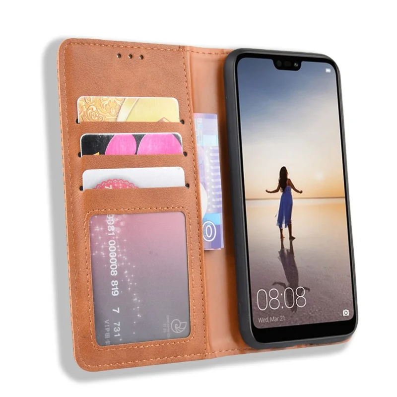 Vintage Style Magnetic Leather Wallet Protective Cell Phone Cover Case for Huawei P20 Lite (2018) / Nova 3e - Brown