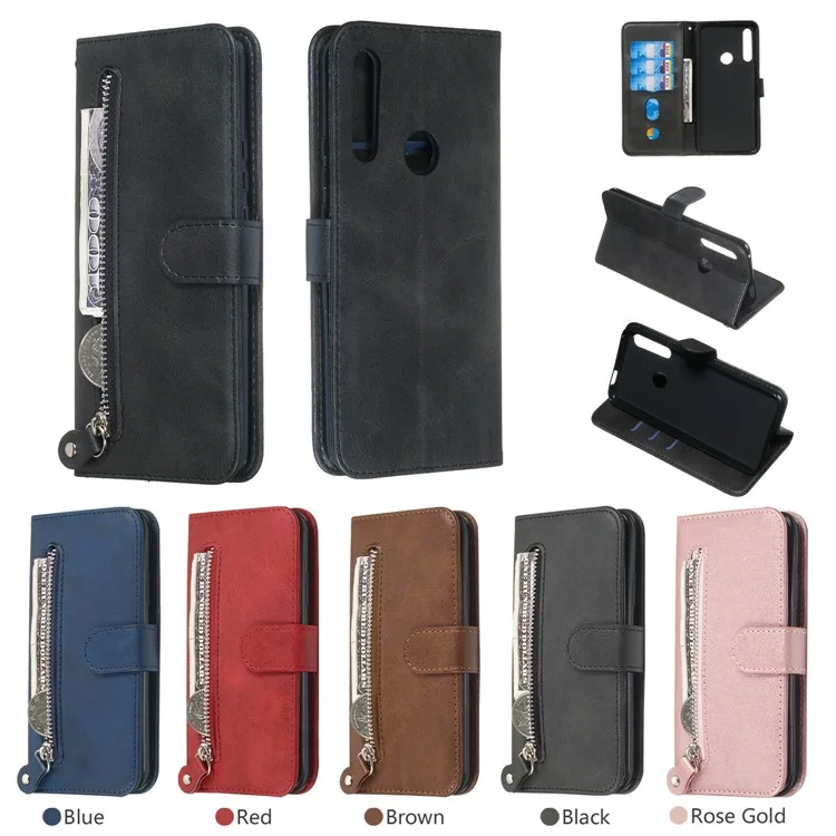 Carteira de Couro com Zíper e Bolso para Huawei Honor 9X (Global)/ P Smart Z/Y9 Prime/ Enjoy 10 Plus - Preto