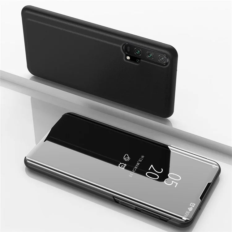 Plated Mirror Surface View Window Leather Stand Cover for Huawei Honor 20 Pro - Black