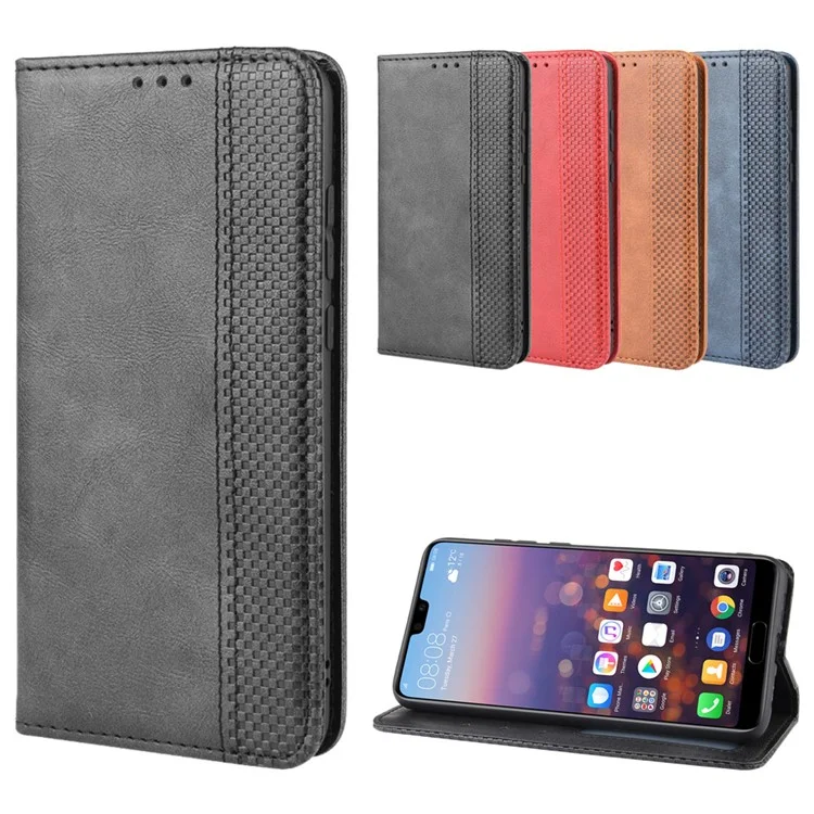 Retro PU Leather Wallet Stand Phone Cover Casing for Huawei P20 - Black