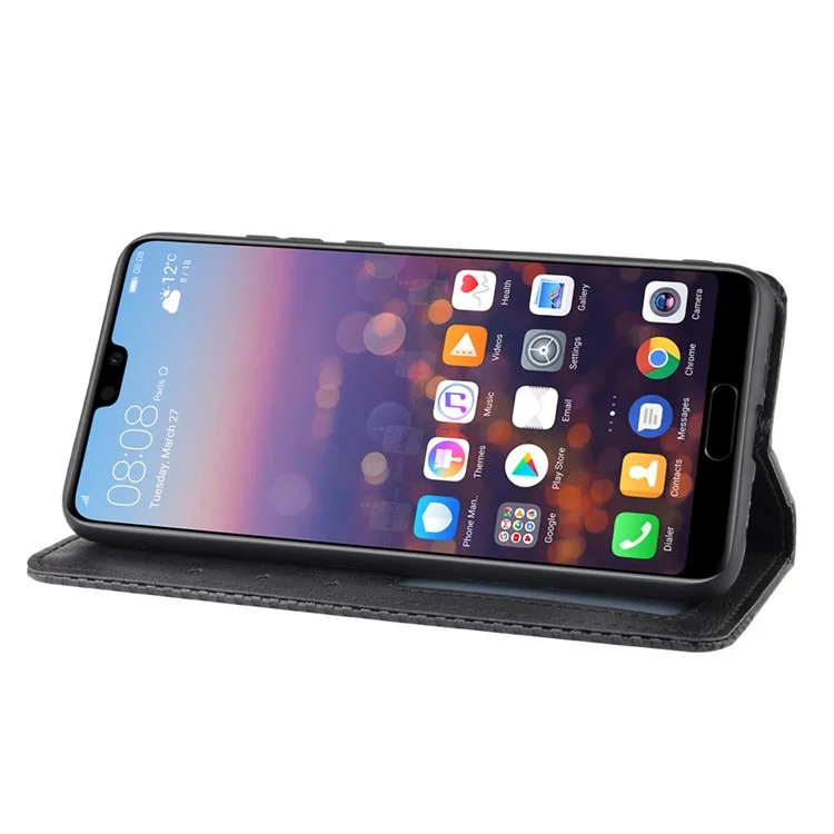 Retro PU Leder Brieftaschenstand Telefonabdeckungsgehäuse Für Huawei P20 - Schwarz