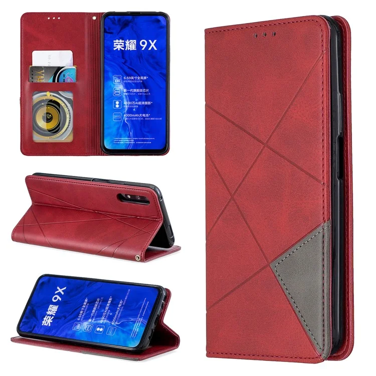 Geometric Pattern Leather Card Holder Case for Huawei Honor 9X (For China) / 9X Pro - Red