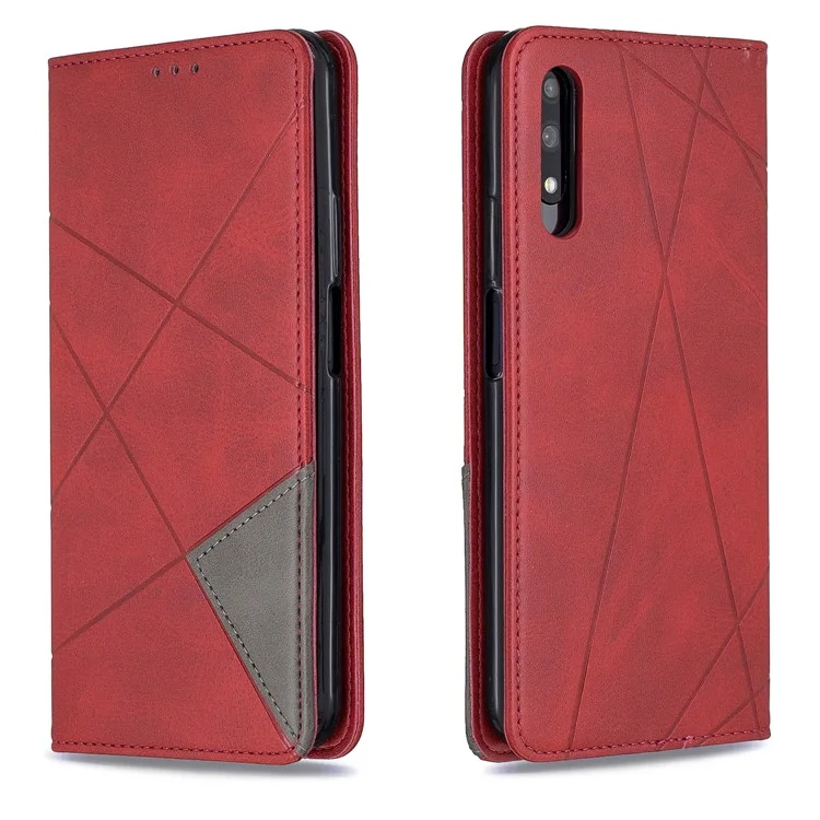 Estuche de Titular de Tarjetas de Cuero de Patrón Geométrico Para Huawei Honor 9x (para China) / 9x Pro - Rojo