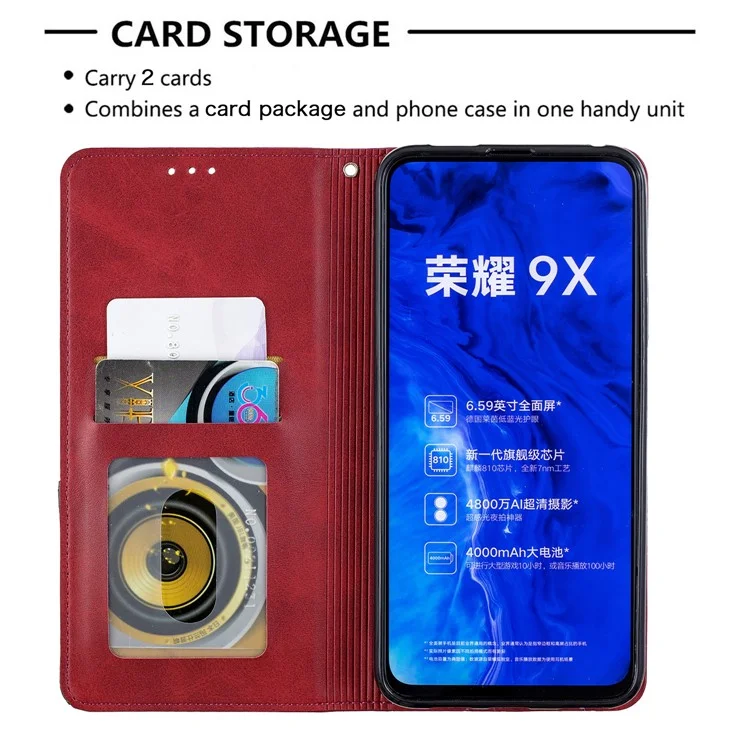 Estuche de Titular de Tarjetas de Cuero de Patrón Geométrico Para Huawei Honor 9x (para China) / 9x Pro - Rojo