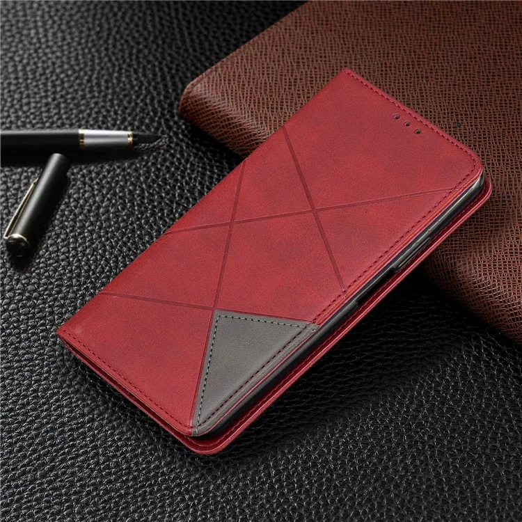 Estuche de Titular de Tarjetas de Cuero de Patrón Geométrico Para Huawei Honor 9x (para China) / 9x Pro - Rojo