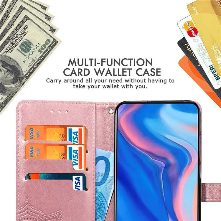 Cartera Funda de Teléfono de Cuero con Flores Grabadas en Relieve para Huawei Honor 9X (Global)/ Y9 Prime 2019 / Enjoy 10 Plus - Oro Rosa