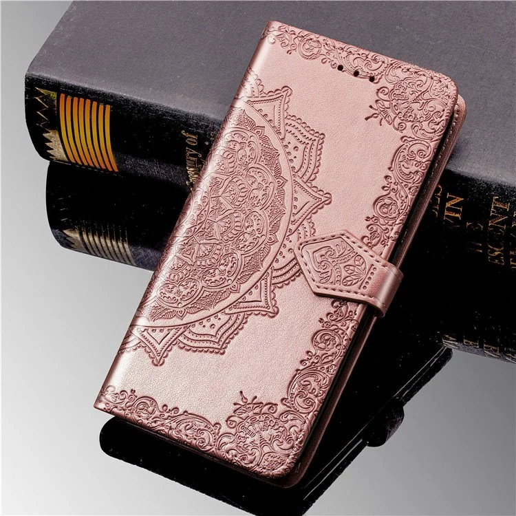 Cartera Funda de Teléfono de Cuero con Flores Grabadas en Relieve para Huawei Honor 9X (Global)/ Y9 Prime 2019 / Enjoy 10 Plus - Oro Rosa