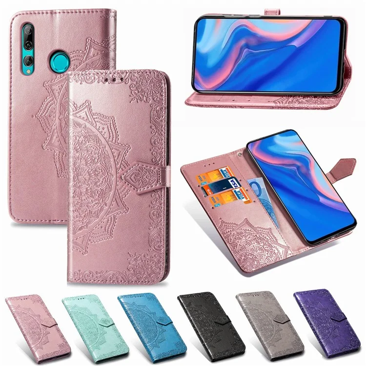 Cartera Funda de Teléfono de Cuero con Flores Grabadas en Relieve para Huawei Honor 9X (Global)/ Y9 Prime 2019 / Enjoy 10 Plus - Oro Rosa