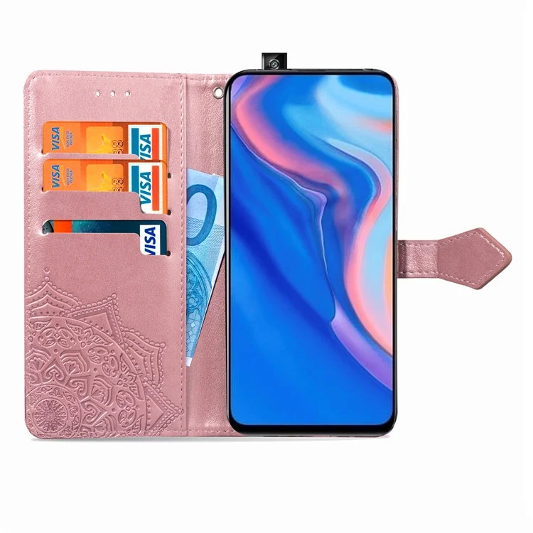 Cartera Funda de Teléfono de Cuero con Flores Grabadas en Relieve para Huawei Honor 9X (Global)/ Y9 Prime 2019 / Enjoy 10 Plus - Oro Rosa